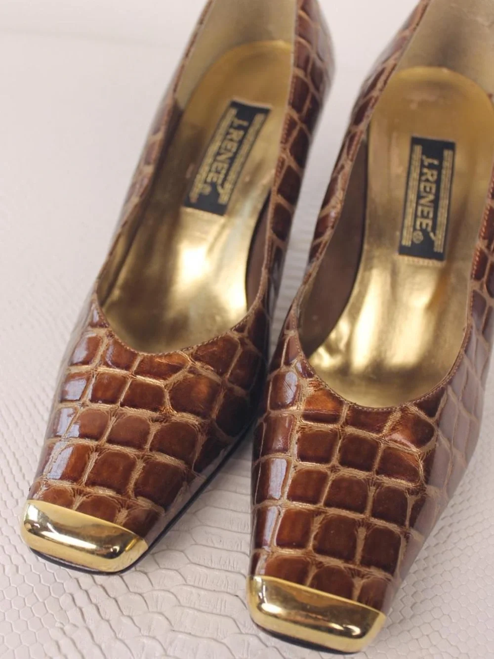 J.Renee Brown Croc-Embossed Pumps with Gold Toe Cap